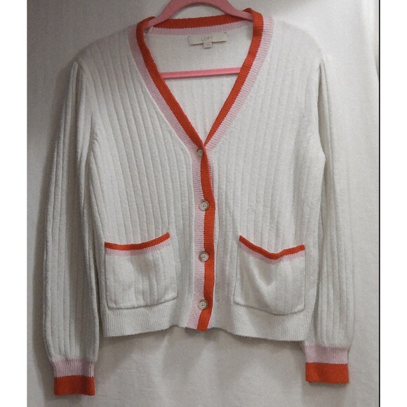 Y2K Preppy Cardigan Sweater LOFT Women’s L White Red Trim Ribbed Knit - Picture 1 of 7